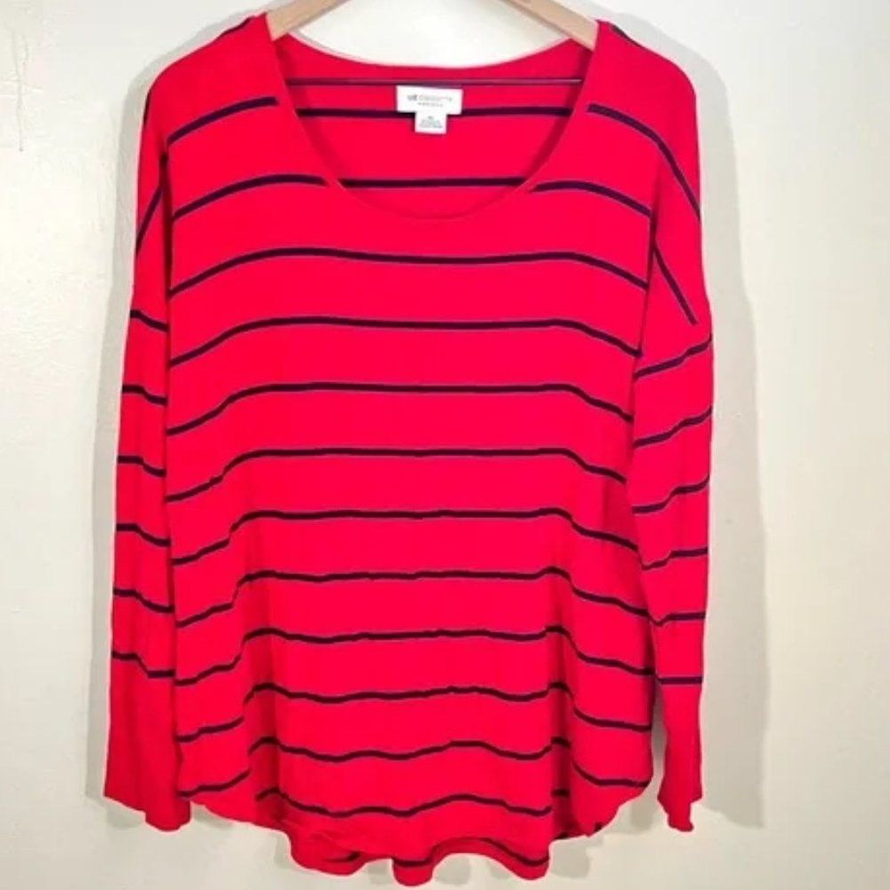 Liz Claiborne Weekend Scoop Neck Knit Long Sleeve Red With Black Stripes Stretch - Picture 1 of 6